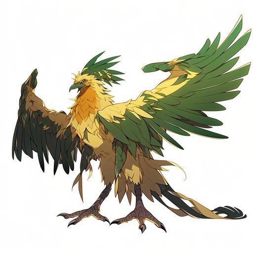 an image of a cartoon chicken with long legs and large wings, in the style of dark yellow and dark emerald, superheroes, interlocking structures, use of earth tones, animated gifs, ferrania p30, manticore, --niji