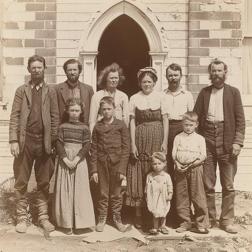an image of a family standing in front of St Matthews Catholic Church in Windsor, New South Wales. The family consists of eight people, all wearing working class clothing appropriate for the mid-nineteenth century. The first is a 53 year old woman who is 5 feet 2 inches tall with brown hair, dark grey eyes and a brown complexion. She has a mole on her left cheek, a scar on the little finger of her left hand and her nose inclines to the right. The second person is a 58 year old man. The third person is a 31 year old man who is 5 feet 4 inches tall with brown hair and grey eyes. His skin is pock-marked and his complexion is pale. He has a small dark mole above his left cheek bone. The fourth person is a 29 year old woman who is 5 feet tall with dark brown hair and eyes of dark hazel. She has burn marks on her left jaw and on her left arm and her eyebrows are partially joined in the middle. She has a ruddy complexion and lots of freckles. She is holding a baby in her arms. She is standing next to the fifth person, a thirty year old man who is strongly built. Next to this man is a 5 year old boy. The last person is a 27 year old man who is fair, ruddy and freckled and only 4 feet 10 inches tall. He has light brown hair and hazel eyes, with moles on his right elbow and right foot, scars on his left hand and right knee and a burn mark on his left arm