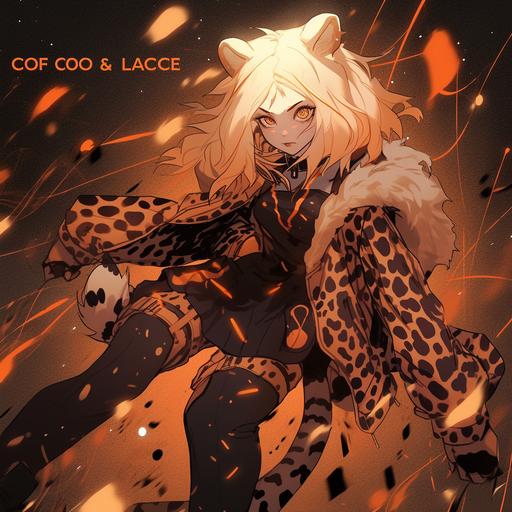an image of a girl in comics in a leopard costume, in the style of light orange and dark black, explosive and chaotic, wiccan, dotted, frogcore, manticore, infinity nets, --niji 5