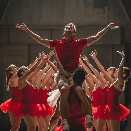 an image of a group of female ballet dancers wearing tutus, lifting a man in a red polo shirt but no tutu up in the air:: --v 6.0