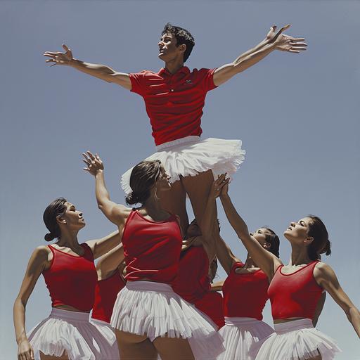 an image of a group of female ballet dancers wearing tutus, lifting a man in a red polo shirt up in the air:: --v 6.0
