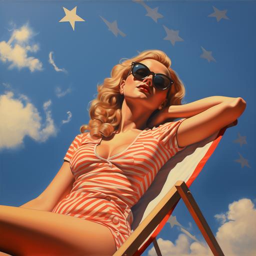 an image of a modern all american girl, sunbathing on a deck chair with her eyes closed and it is a beautiful day behind her, in the style of retro airbrush artist Nilton Ramalho
