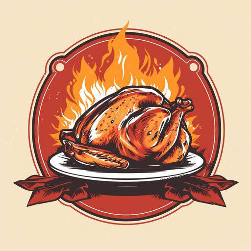 an image of a traditional holiday turkey dinner, roasted turkey on platter, surrounded by flames, in the style of logo design vector art, two color, white and red d11e2b, duotone, minimal
