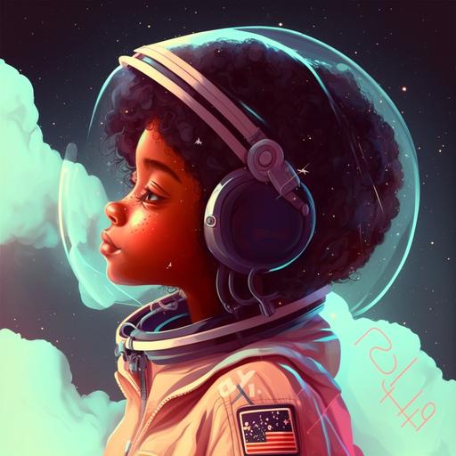 an image of a young black girl, dreaming of herself as an astronaut, cartoon style, 4k, space background, realistic --v 4