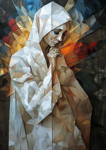 an image of an older iranian woman dressed in a dress made of white paper, in the style of dmitri danish, masculine neo-cubism, light gold and light bronze, hard-edge painting, detailed fantasy art, shilin huang, extruded design --style raw --ar 5:7 --version 6.0 --c 10