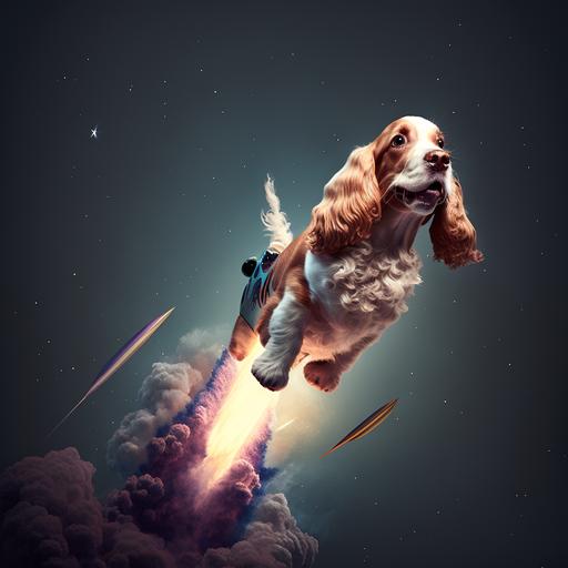 an image of cartoon cocker spaniel piloting a rocket ship into outer space