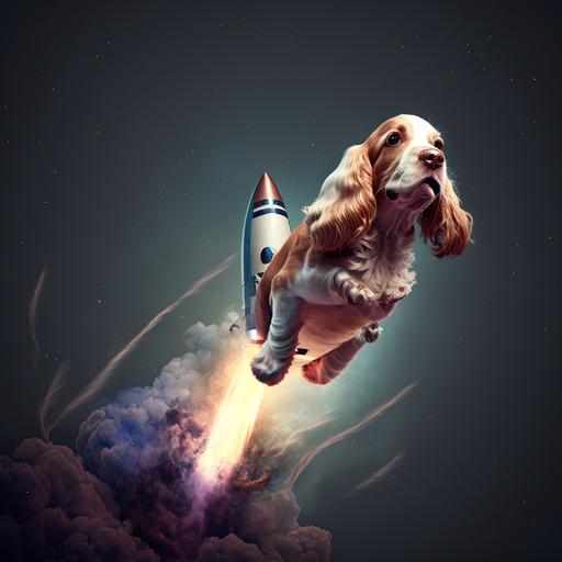 an image of cartoon cocker spaniel piloting a rocket ship into outer space
