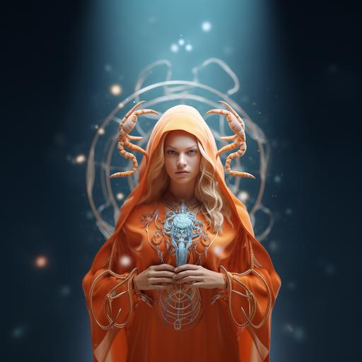 an image of zodiac sign Cancer woman with detailed face, wheat skin, symmetrical detailed blue eyes, blond hair, wearing orange robe, carrying a little crab in her hand,standing in front of Cancer zodiac symbol, textured, optic fiber, octane render, dynamic pose, volumetric lighting, perfect shading, unreal engine, golden hour, concept art, Zodiac sign inspiration, character