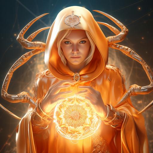 an image of zodiac sign Cancer woman with detailed face, wheat skin, symmetrical detailed blue eyes, blond hair, wearing orange robe, carrying a little crab in her hand,standing in front of Cancer zodiac symbol, textured, optic fiber, octane render, dynamic pose, volumetric lighting, perfect shading, unreal engine, golden hour, concept art, Zodiac sign inspiration, character