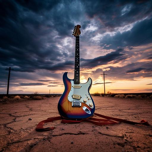an impossibly large electric guitar weighing 4 tons, half buried in the pavement of a desert road running straight into the distance, rugged desart landscape all around, colorful sunset under dark storm clouds, low camera angle, zoom in on the guitar so that it fill s the entire width of the scene