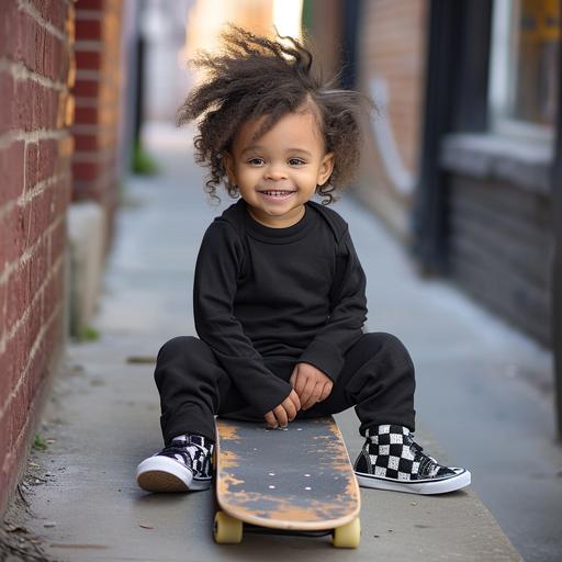 an incredibly cute toddler with wild hair on the sidewalk with a skateboard, facing the camera, wearing a black longsleeved onesie with a smooth front and chest of shirt visible and kids checkered Van sneakers on, smiling, studio lighting, realistic imperfect skin,, canon f/4 --v 6.0