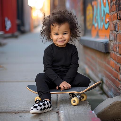 an incredibly cute toddler with wild hair on the sidewalk with a skateboard, facing the camera, wearing a black longsleeved onesie with a smooth front and chest of shirt visible and kids checkered Van sneakers on, smiling, studio lighting, realistic imperfect skin,, canon f/4 --v 6.0