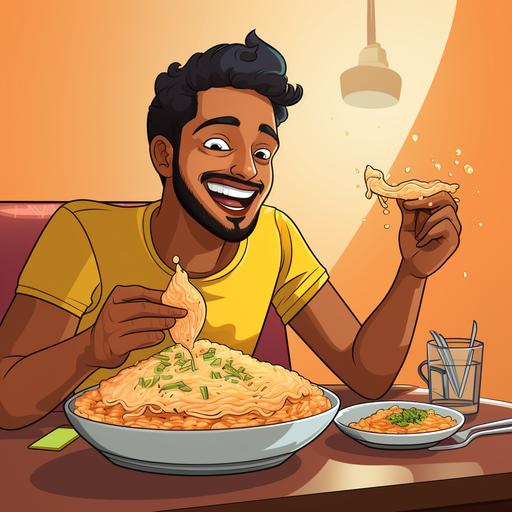 an indian guy in cartoon eating biryani happily