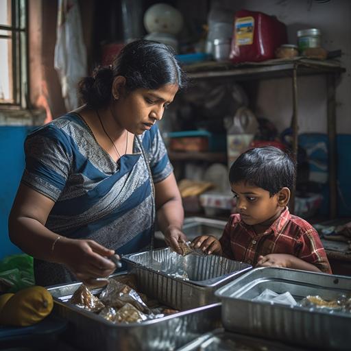 an indian mother packing food in aluminium containers for her child in the open kitchen in their home