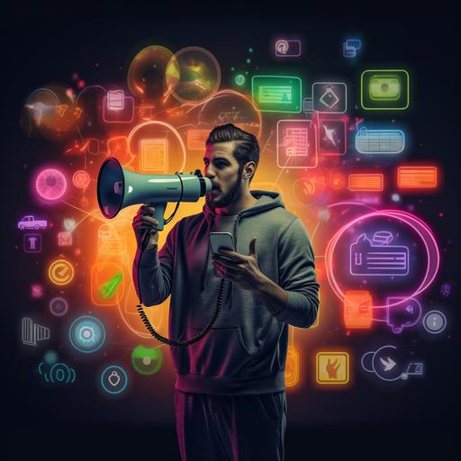 an individual, holding a megaphone that the sound waves turn into icons symbolizing various platforms such as Facebook, Instagram, Twitter, YouTube.