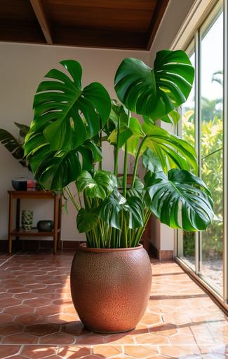 an indoor potted monstera marginata plant on the floor, in the style of light bronze and dark brown, gigantic scale, natural fibers, sudersan pattnaik, brightly colored, symmetrical, zeen chin --ar 7:11