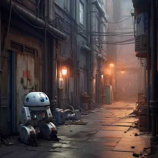 an industrial alley between alien buildings, lit by smoky round orb lamp posts, locked metal doors along the ivory plaster walls, a droid crossing the street