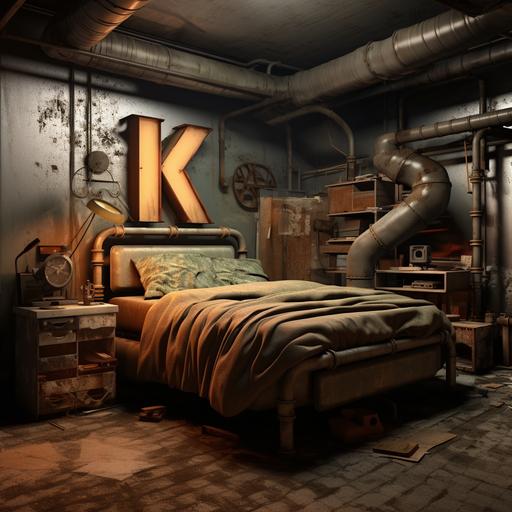 an industrial room for photography, the objects refer to analog photography, and the colors are in metal and wood, the headboard of the bed has the letter K, architecture project, realistic photo, documentary photography