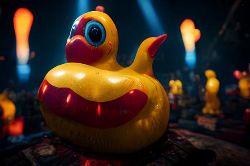 an inflatable Rubber Duck at a Rakdos circus, epic, wide angle lens, ultra realistic, high detail, horror, cinematic, volumetric lighting, epic, hd, 8K, photorealistic --ar 7:5 --uplight