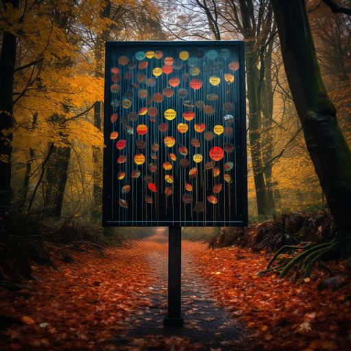an info sign in a cestnut forest popart full of colours, falling leaves