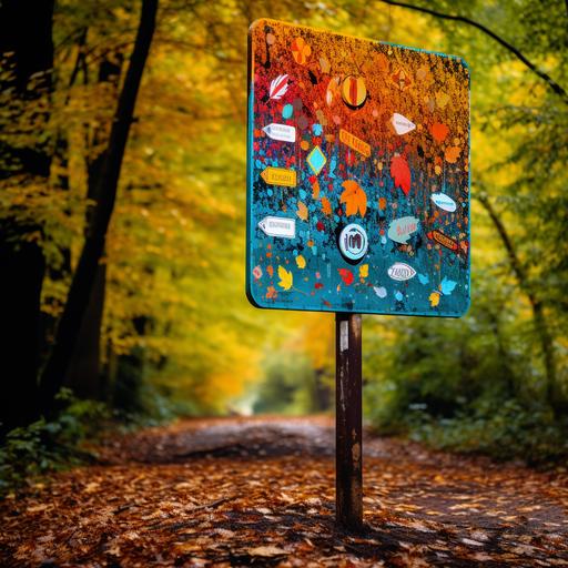 an info sign in a cestnut forest popart full of colours, falling leaves