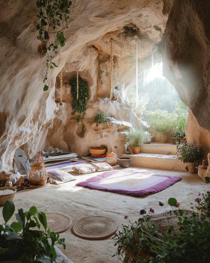 an inner-lit meditation retreat cave interior embedded with precious gems and crystals, the cave is the home of a natural healer and yogi, the cave has rattan tatami bed and meditation cushions and surrounded by overgrown medicinal herbs and wildflowers, sunrise on epic Himalayan landscape, morning light shining through morning mist, lights and shadows changes in a cinematic and nostalgic feeling , a hint of a rainbow in the sky, graceful, as photographed by Marta Bevacqua and petra collins, by Alan Lee and Mobeius and pre-raphaelitre, inspired by song dynasty masterpiece colors and texture , highly detailed, ambient, texture, natural lighting, mythology and folklore, editorial style, soft color, the memory of a dream or past life , poetic, shot on 35mm film, award-winning cinematography --v 6.0 --ar 4:5