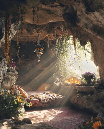 an inner-lit meditation retreat cave interior embedded with precious gems and crystals, the cave is the home of a natural healer and yogi, the cave has rattan tatami bed and meditation cushions and surrounded by overgrown medicinal herbs and wildflowers, sunrise on epic Himalayan landscape, morning light shining through morning mist, lights and shadows changes in a cinematic and nostalgic feeling , a hint of a rainbow in the sky, graceful, as photographed by Marta Bevacqua and petra collins, by Alan Lee and Mobeius and pre-raphaelitre, inspired by song dynasty masterpiece colors and texture , highly detailed, ambient, texture, natural lighting, mythology and folklore, editorial style, soft color, the memory of a dream or past life , poetic, shot on 35mm film, award-winning cinematography --v 6.0 --ar 4:5