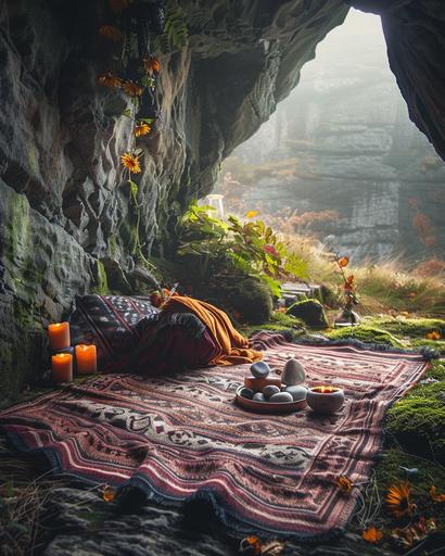 an inner lit retreat cave on the cliff of Scottish highland, the cave has wabi sabi interior with collections of rare hand scrolls and natural precious stones and precious Tibetan Buddhism ritual objects, moody ambient, overgrown glowing vegetation of powerful medicinal plants and flowers, sparkling translucent moonstone and lapis lazuli, early morning at sunrise, morning light, god’s ray, morning mist, floating clouds touching the grassland, by pre-raphaelitre, photography by Paolo riverso and Marta Bevacqua and petra collins, photography printed on Japanese screen print, texture, ambient, natural lighting, mythology and folklore, children’s story, Ghibli aesthetic inspired, natural lighting, enlightening, inspiring, meditative, nostalgic, pastel shades, contemplative, hope, beautiful lights, dreamlike, poetic --v 6.0 --c 10 --ar 4:5