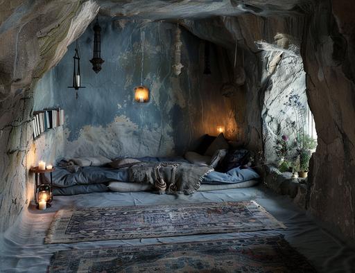 an inner lit retreat cave on the cliff of Scottish highland, the cave has wabi sabi interior with japnaese art of kintsugi repaired wall and collections of rare handscrolls and Tibetan prayer books and natural precious stones, moody ambient, overgrown glowing vegetation of powerful medicinal plants and flowers, sparkling translucent moonstone and lapis lazuli and glowing butter lamps, early morning at sunrise, morning light, god’s ray, morning mist, floating clouds touching the grassland, by John Everett Millais and the pre-raphaelitre, photography by Marta Bevacqua and petra collins, photography printed on Japanese screen print, texture, ambient, natural lighting, mythology and folklore, children’s story, Ghibli aesthetic inspired, natural lighting, enlightening, inspiring, meditative, nostalgic, pastel shades, contemplative, hope, beautiful lights, dreamlike, poetic --v 6.0 --c 10 --ar 13:10