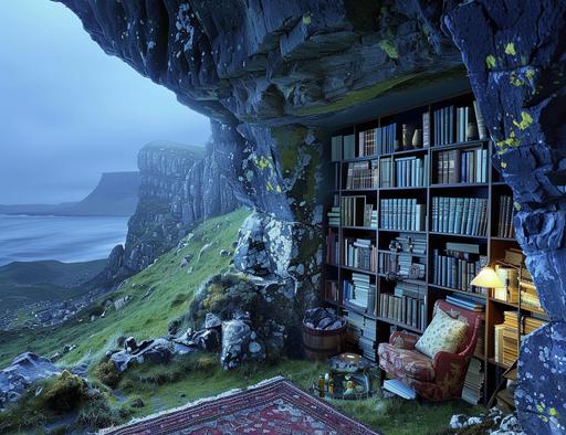 an inner lit retreat cave on the cliff of Scottish highland, the cave has wabi sabi interior with kintsugi repaired wall and collections of rare books and natural precious stones, moody ambient, overgrown glowing vegetation of powerful medicinal plants and flowers, sparkling translucent moonstone and lapis lazuli, early morning at sunrise, morning light, god’s ray, morning mist, floating clouds touching the grassland, by pre-raphaelitre, photography by Paolo riverso and Marta Bevacqua and petra collins, photography printed on Japanese screen print, texture, ambient, natural lighting, mythology and folklore, children’s story, Ghibli aesthetic inspired, natural lighting, enlightening, inspiring, meditative, nostalgic, pastel shades, contemplative, hope, beautiful lights, dreamlike, poetic --v 6.0 --c 10 --ar 13:10