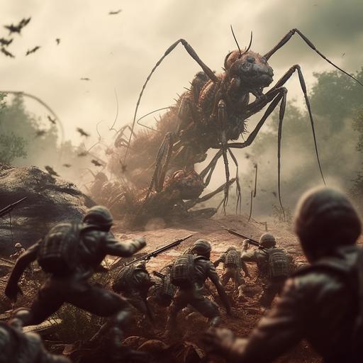 an insane photorealistic picture of giant ants fighting against human soldiers during war