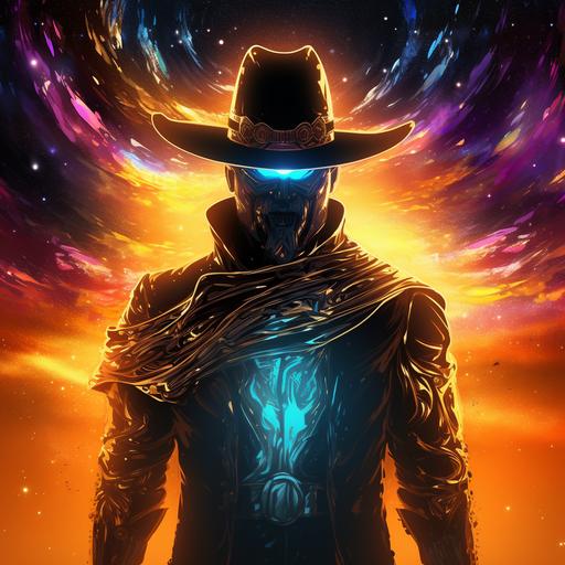 an instagram profile picture, a space cowboy superhero silhouette, cosmic flames with cool color gradient from behind, ten gallon hat, supernatural glowing eyes, galactic theme, cosmic theme, portrait framed in a parabolic arch, art nouveau and vapor wave fusion, gold leafing, vapor wave style portrait