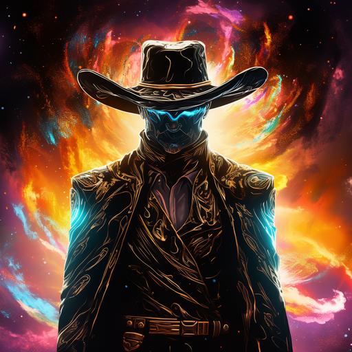 an instagram profile picture, a space cowboy superhero silhouette, cosmic flames with cool color gradient from behind, ten gallon hat, supernatural glowing eyes, galactic theme, cosmic theme, portrait framed in a parabolic arch, art nouveau and vapor wave fusion, gold leafing, vapor wave style portrait