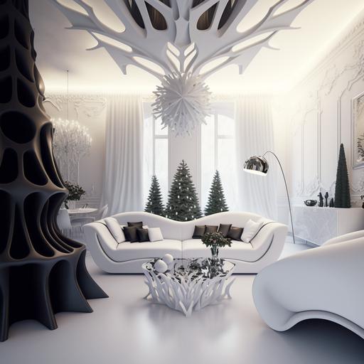 an interior scene of a living room during armenian christmas eve, designed by zaha hadid, with white sofas made of leather, christmas tree with warm lights and there is a presents down the tree, fluid parametric walls designed by zaha hadid, corona render, high resolution, celebration the eve, luxurious living room, realistic, high quality, rtx reflection, minimalizm, unforgettable eve, snow reflections on windows, blessing evening, memorable, realrender minimalism, highly detailed, modern style, glossy parametric light blue walls, marble floor with blue and white pattern, 8k