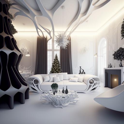 an interior scene of a living room during armenian christmas eve, designed by zaha hadid, with white sofas made of leather, christmas tree with warm lights and there is a presents down the tree, fluid parametric walls designed by zaha hadid, corona render, high resolution, celebration the eve, luxurious living room, realistic, high quality, rtx reflection, minimalizm, unforgettable eve, snow reflections on windows, blessing evening, memorable, realrender minimalism, highly detailed, modern style, glossy parametric light blue walls, marble floor with blue and white pattern, 8k
