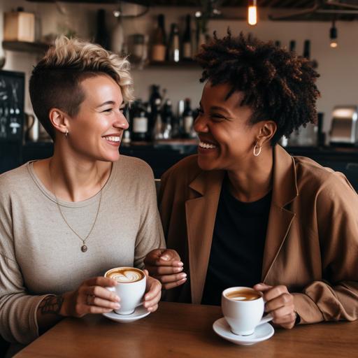 an interracial lesbian couple enjoying a coffee date