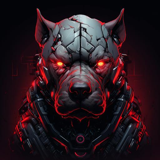 an intimidating cartoon robotic Pit Bull with red glowing eyes. Showing just the head