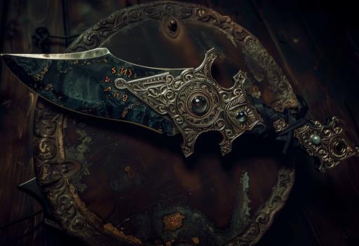 an intimidating custom bowie knife, made of ornate onyx and jade, with Magus occult engravings, 4k, --v 6.0 --ar 16:11