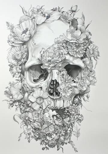 an intricate drawing of a skull and flowers, in the style of neo-traditional japanese, masks and totems, realistic portrayal of light and shadow, clean and sharp inking, alessandro allori, light gray, fang lijun --ar 45:64