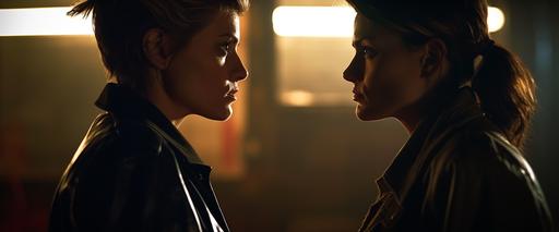 an intriguing image from 'Shadows of Deception,' an LGBTQIAP  thriller directed by Harper Lee. Cinematographer Dylan Scott captures the intense interaction between the lesbian detective (played by Emily Carter) and the non-binary informant (played by Taylor Jackson). Shot in a high-contrast style reminiscent of film noir, the dimly lit room intensifies the suspense. Their polyester attire, reflecting their distinct personalities, adds depth to their characters. The color grading, moody and atmospheric, enhances the sense of intrigue. Release Year: 2020 --ar 12:5 --v 5.1