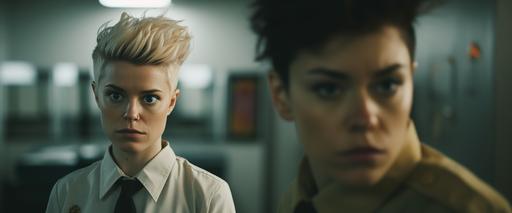 an intriguing image from 'Shadows of Deception,' an LGBTQIAP  thriller directed by Harper Lee. Cinematographer Dylan Scott captures the intense interaction between the lesbian detective (played by Emily Carter) and the non-binary informant (played by Taylor Jackson). Shot in a high-contrast style reminiscent of film noir, the dimly lit room intensifies the suspense. Their polyester attire, reflecting their distinct personalities, adds depth to their characters. The color grading, moody and atmospheric, enhances the sense of intrigue. Release Year: 2020 --ar 12:5 --v 5.1