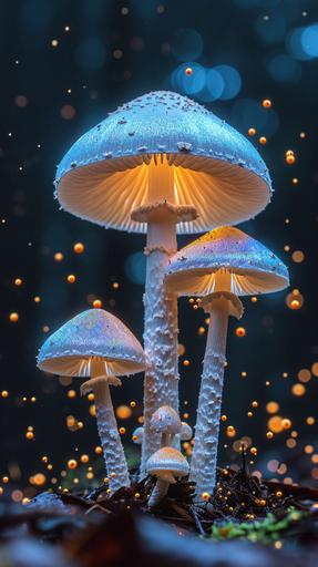an iridescent white tall slender toadstool mushroom releasing spores into the night air. Black background. 35mm lens, ultra high definition, 8K, minimalism, moody, cinematic lighting, --no black and white photography --ar 9:16 --style raw --stylize 720 --v 6.0