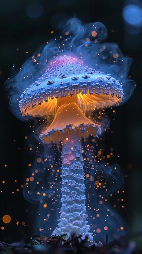 an iridescent white tall slender toadstool mushroom releasing spores into the night air. Black background. 35mm lens, ultra high definition, 8K, minimalism, moody, cinematic lighting, --no black and white photography --ar 9:16 --style raw --stylize 720 --v 6.0