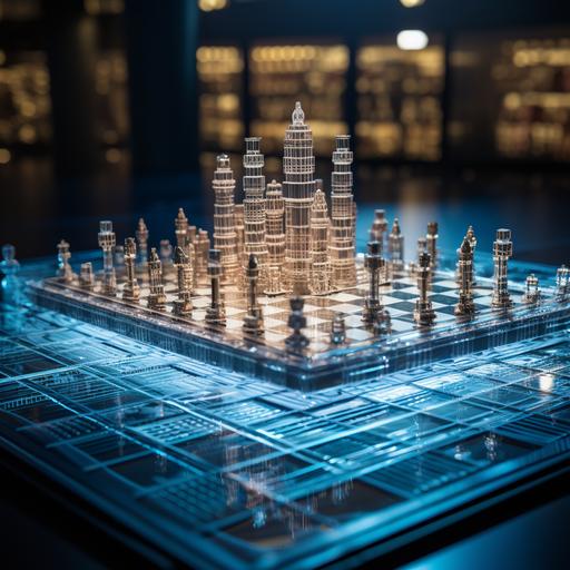 an isometric tilt shift photo of a giant office horus made from clear glass marbles standing on a giant marble chess board, beautifully lit
