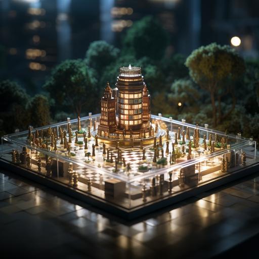 an isometric tilt shift photo of a giant office horus made from clear glass marbles standing on a giant marble chess board, beautifully lit