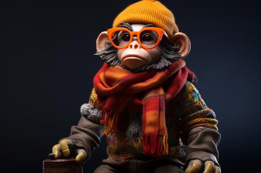 an monkey with glasses wearing a hat and scarf, in the style of bryce 3d, shilin huang, loish, highly detailed figures, toycore, bill gekas, bold character designs --ar 3:2