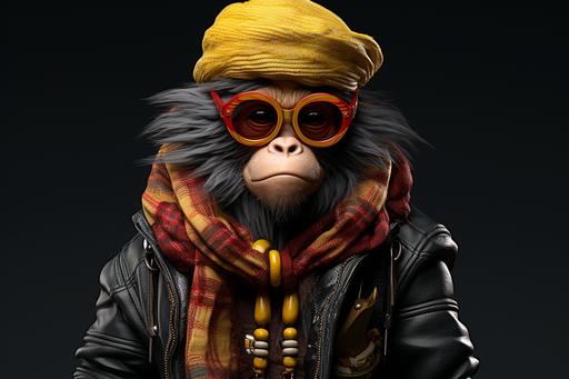 an monkey with glasses wearing a hat and scarf, in the style of bryce 3d, shilin huang, loish, highly detailed figures, toycore, bill gekas, bold character designs --ar 3:2