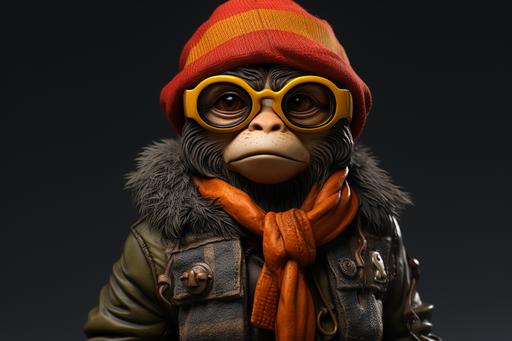 an monkey with glasses wearing a hat and scarf, in the style of bryce 3d, shilin huang, loish, highly detailed figures, toycore, bill gekas, bold character designs --ar 3:2