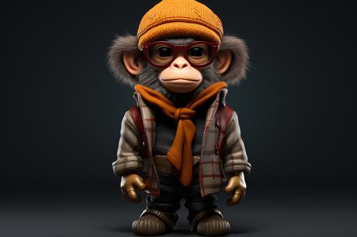 an monkey with glasses wearing a hat and scarf, in the style of bryce 3d, shilin huang, loish, highly detailed figures, toycore, bill gekas, bold character designs --ar 3:2