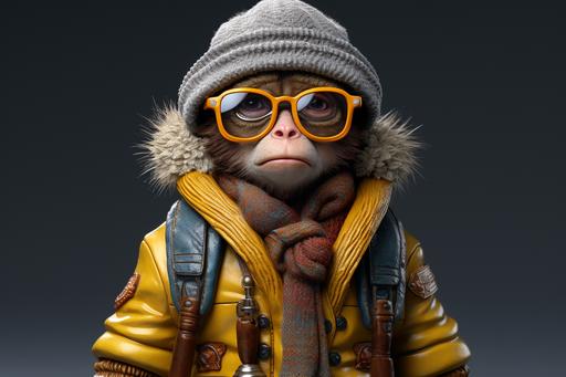 an monkey with glasses wearing a hat and scarf, in the style of bryce 3d, shilin huang, loish, highly detailed figures, toycore, bill gekas, bold character designs --ar 3:2